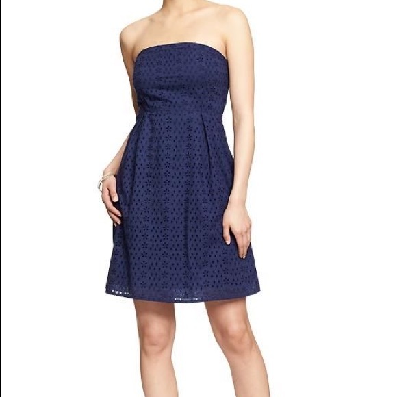 Old Navy Womens Size 14 Strapless Dress Navy Blue Eyelet Fit Flare Pleated - Picture 10 of 10